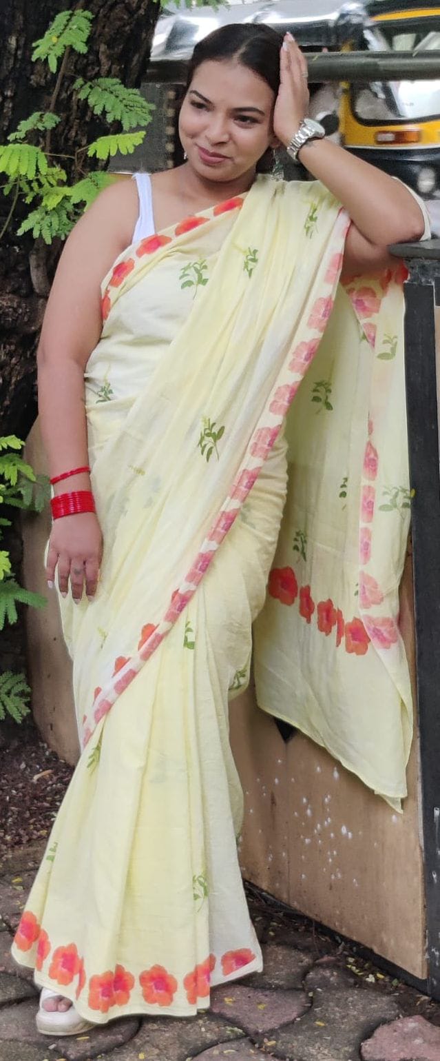 100% cotton hand made saree dyed with Turmeric and printed with Hibiscus and Tulsi