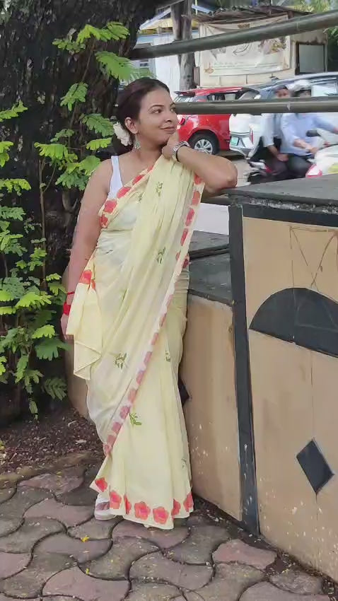 100% cotton hand made saree dyed with Turmeric and printed with Hibiscus and Tulsi